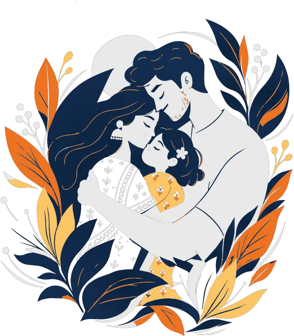 Illustration of a family embracing, framed by festive leaves